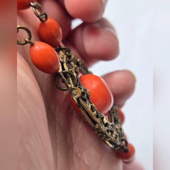 Antique Vintage 1920s Art Deco Coral Celluloid Flapper Necklace - Picture 7 of 9